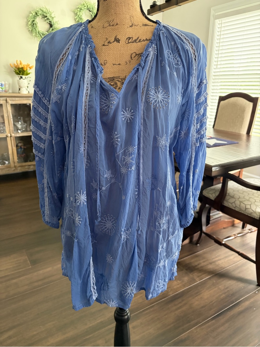 Johnny Was Blue Embroidered Peasant Tunic